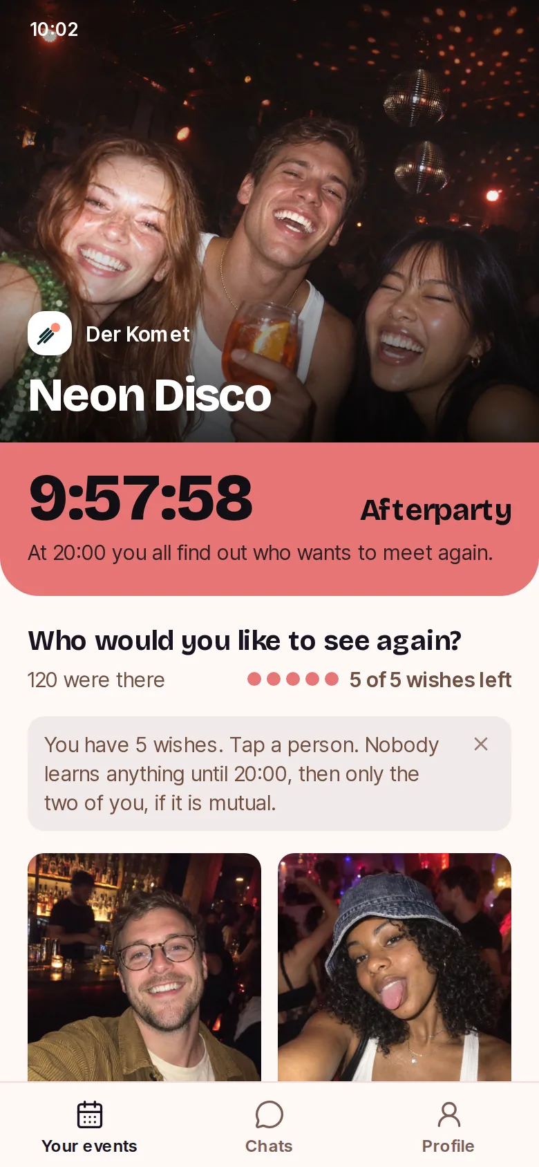 Example of the afterparty of Neon Disco at Der Komet, an invented sample host: the faces from the evening, a countdown to 8 pm and up to five wishes