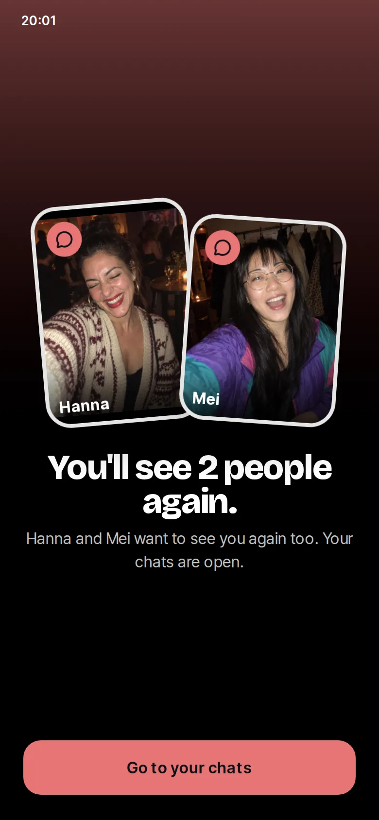 Example of the moment at 8 pm when both want to meet again