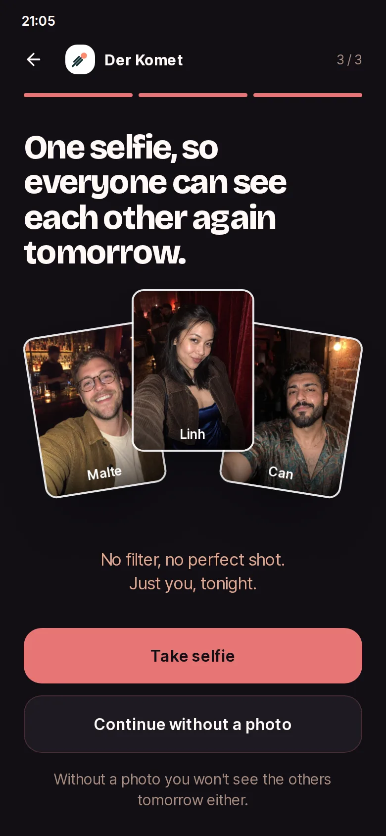 Example of the selfie step, with the choice to continue without a photo